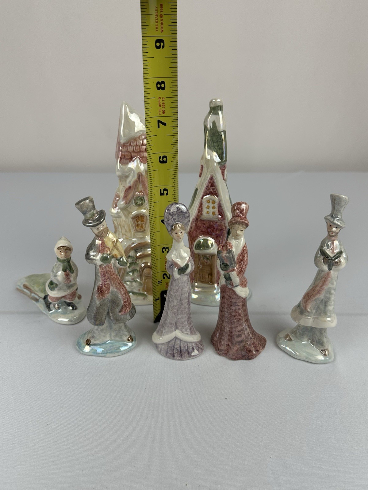 Vintage Iridescent Ceramic Christmas Carolers & Village Houses Set