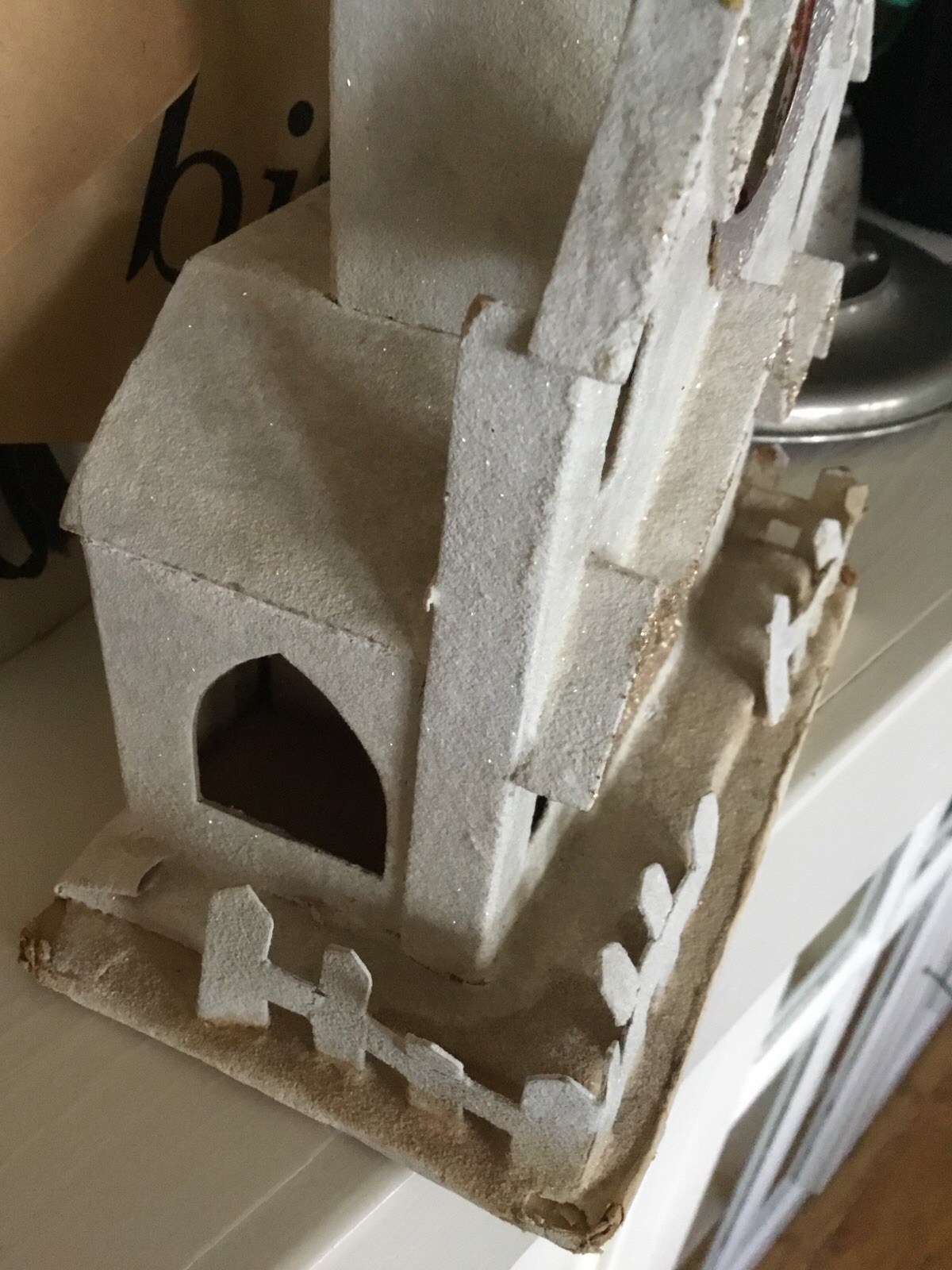 Vintage Christmas Putz Cardboard Light Up Church With Steeple 11” Tall AS IS