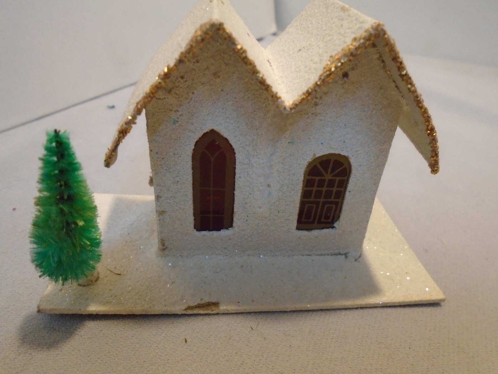 Christmas Cottages Glitter Cardboard Tree 2.75″ Tall 4″x2″ Bottom VTG FREE SHIP