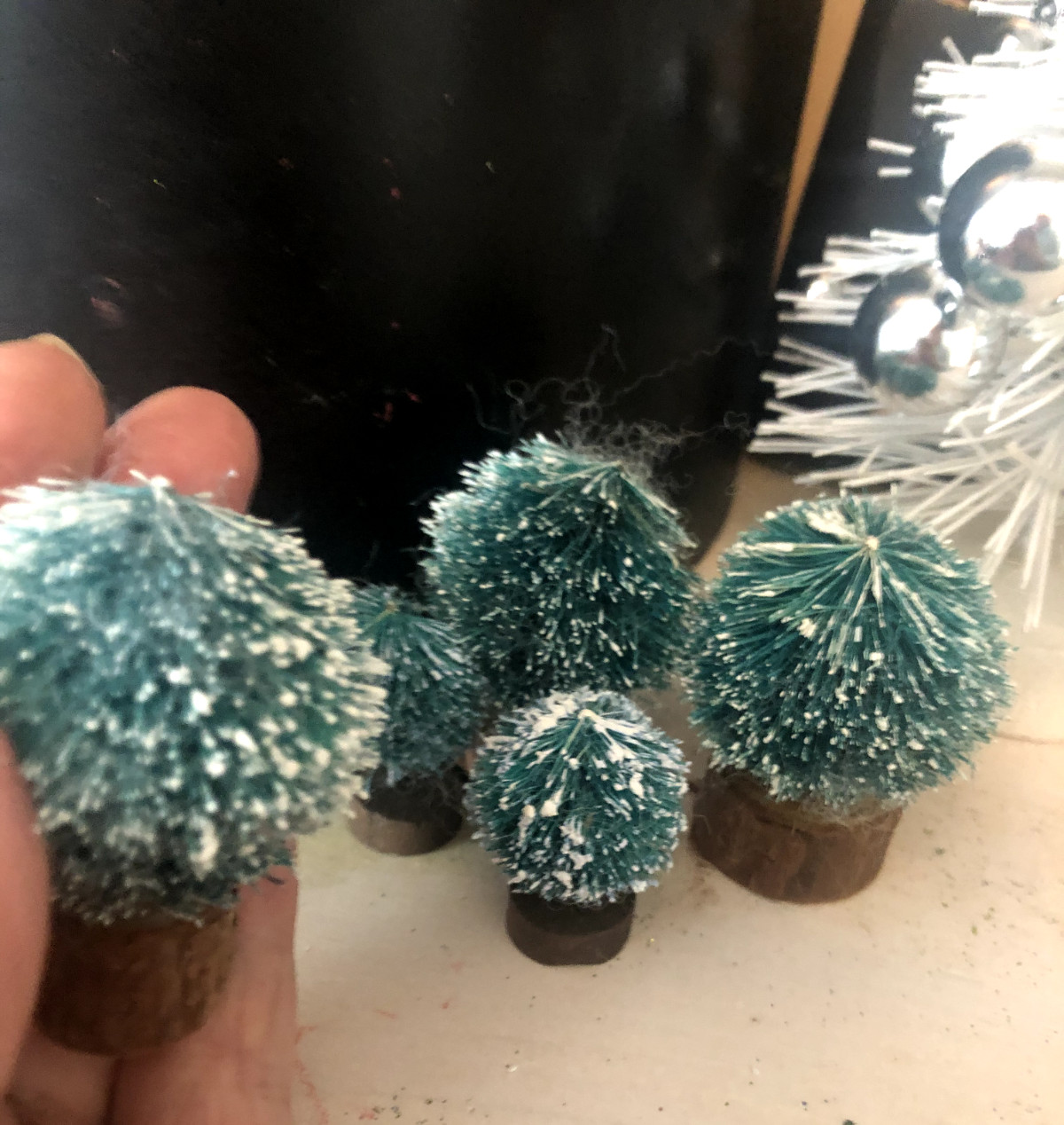BUY 5-10 Vtg XMAS VILLAGE Bottle Brush Green SHRUBS Wood Base Snow Flocked
