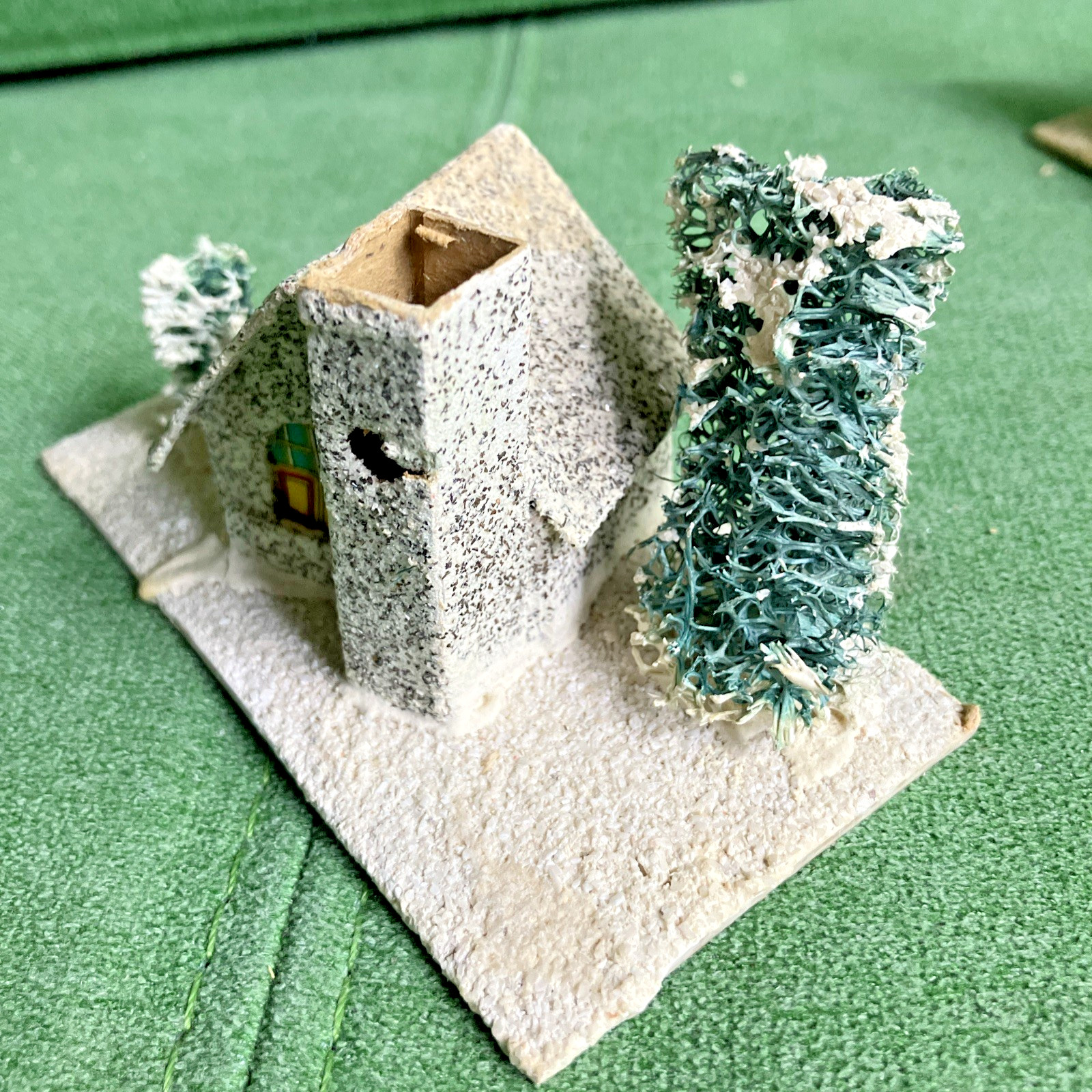 3 VTG Christmas Putz Houses, Cardboard w Mica Glitter, Windows, Trees