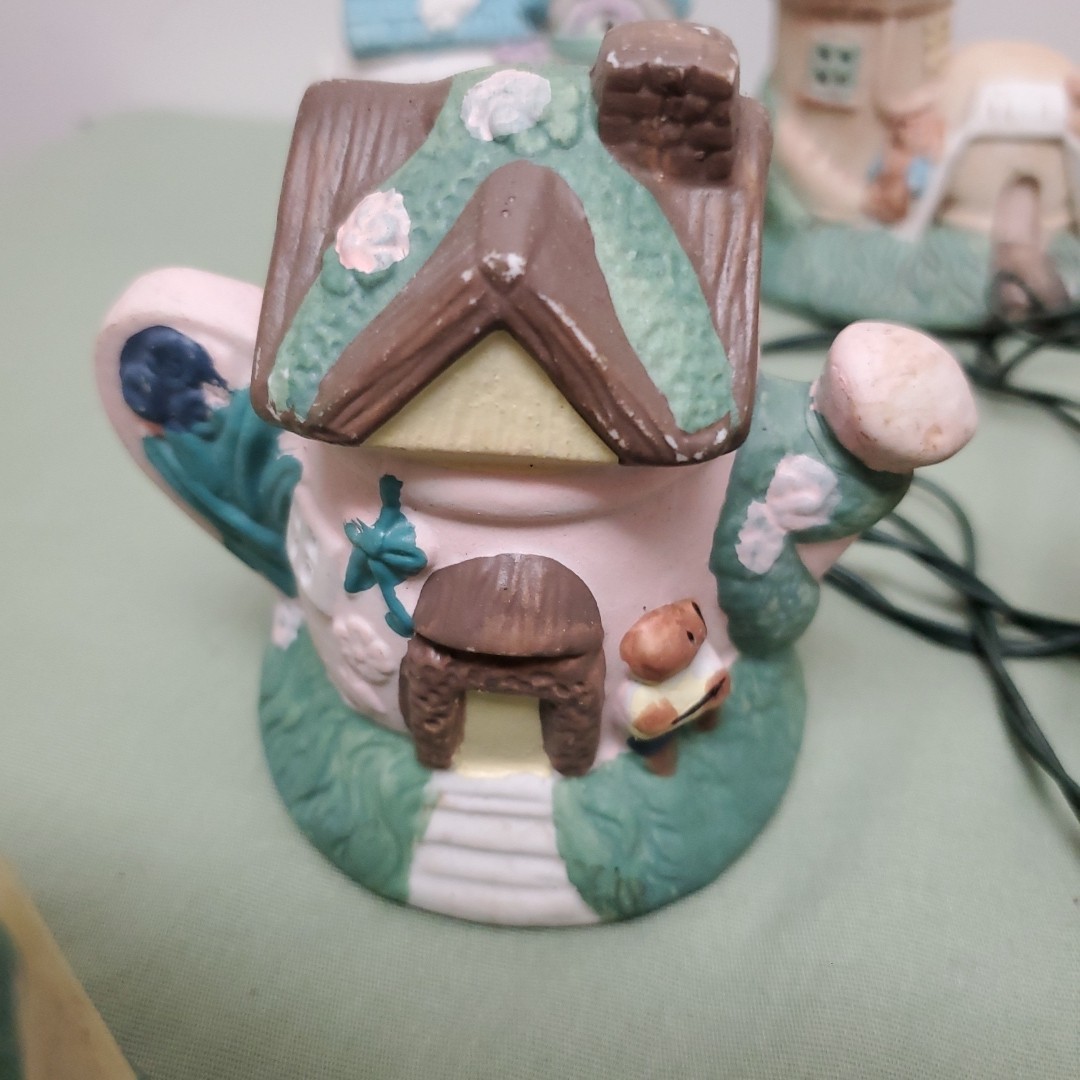 Easter Village Lighted 10 Pc Set Vintage, Tested Works Porcelain Bunny Village