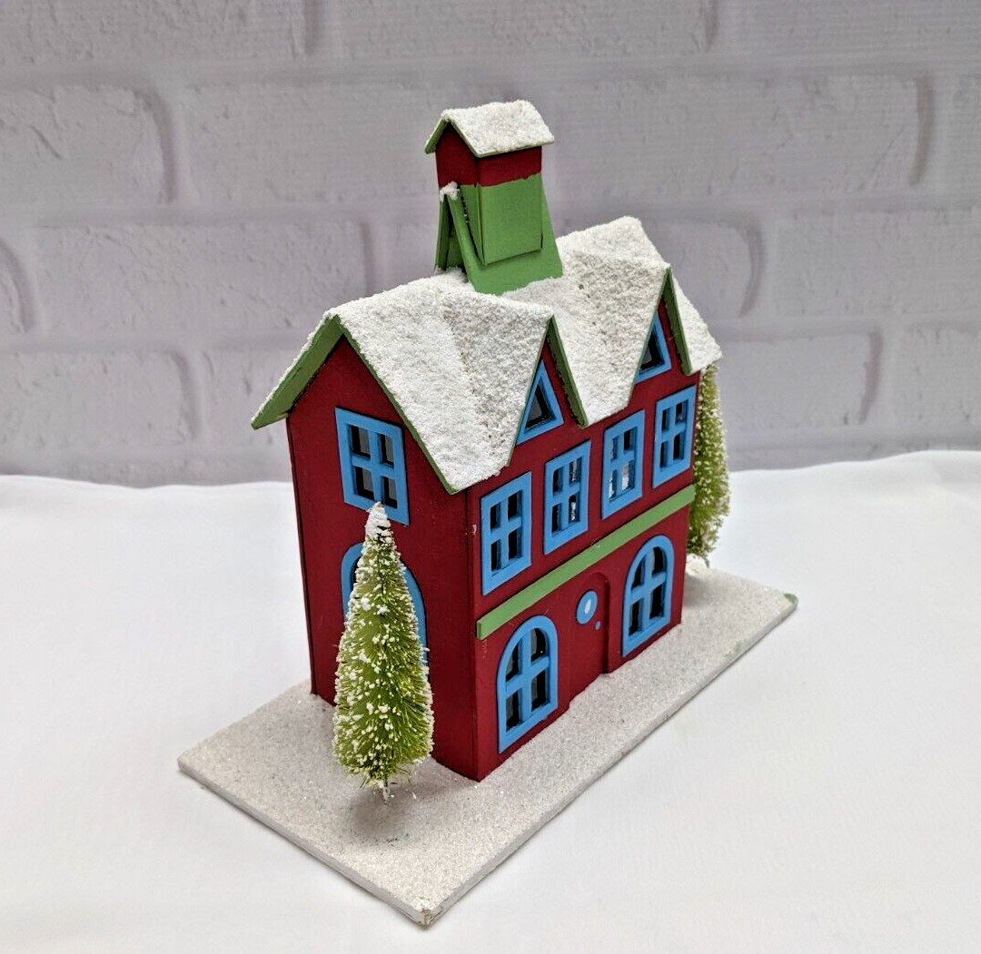 Pottery Barn Christmas Village Decor Red House Small Chimney Tree Snow Roof