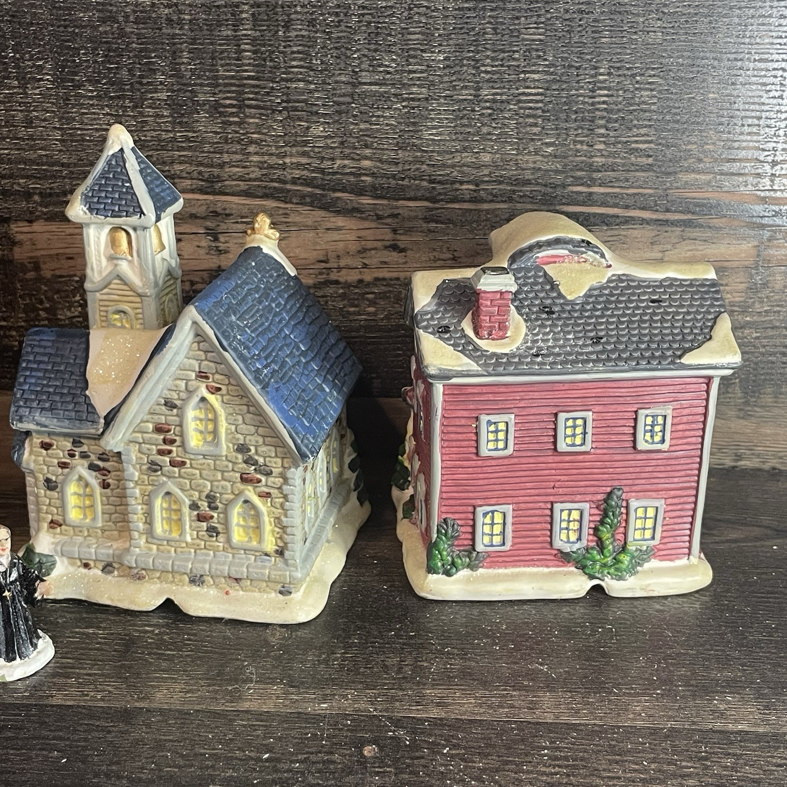 Vintage Porcelain Christmas Village Lot: School, Church & Priest Figurine