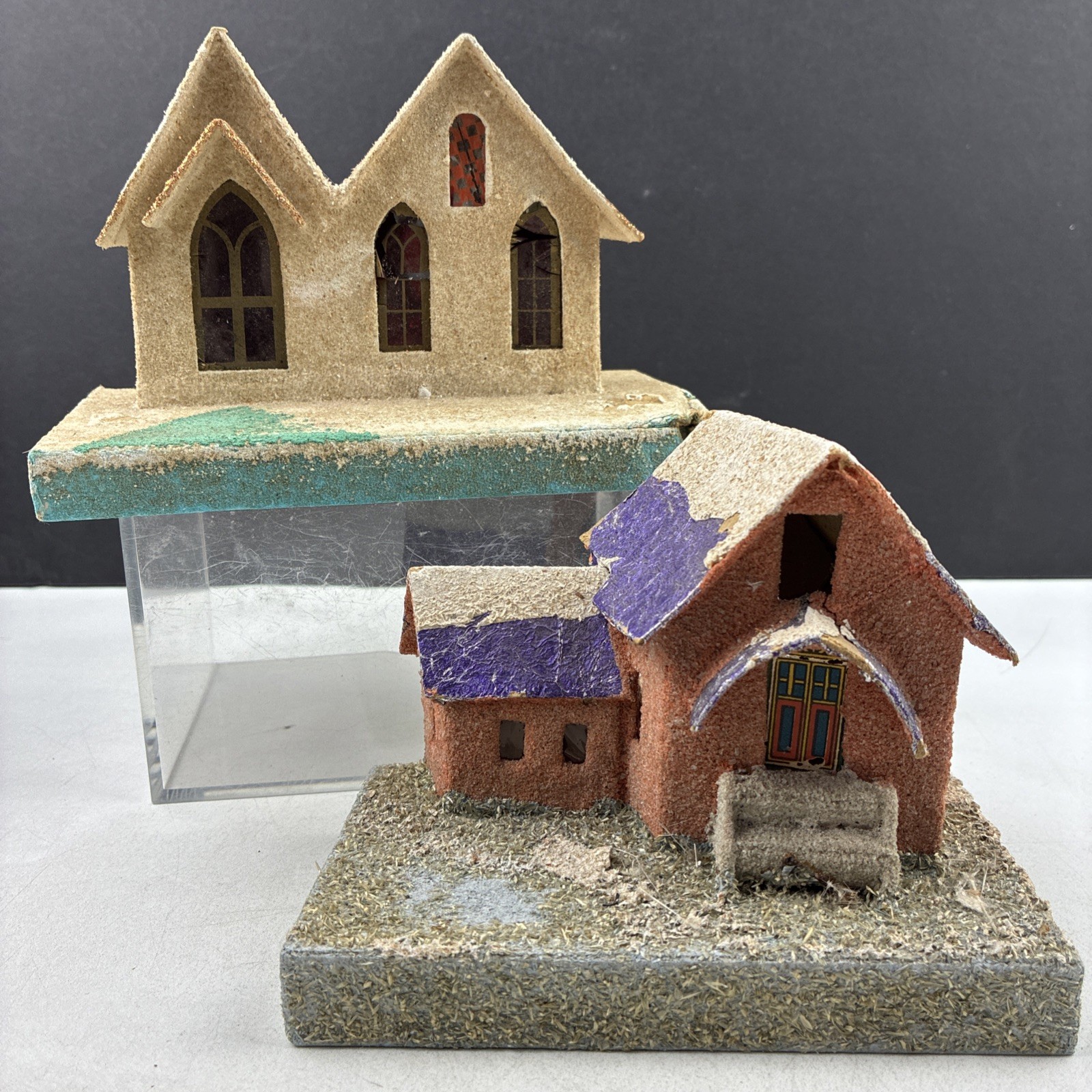 2 Vintage Cardboard Putz Houses w/ Coconut Glitter, Restoration Project, JAPAN