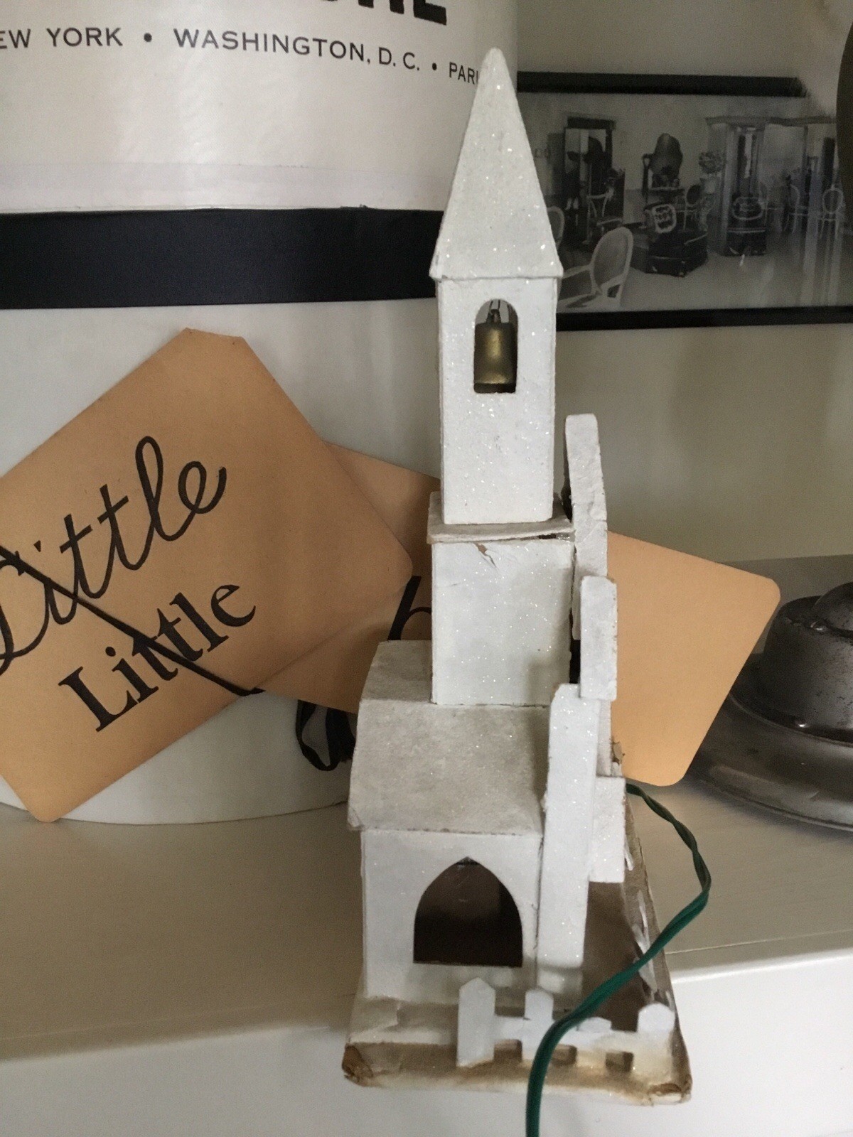 Vintage Christmas Putz Cardboard Light Up Church With Steeple 11” Tall AS IS