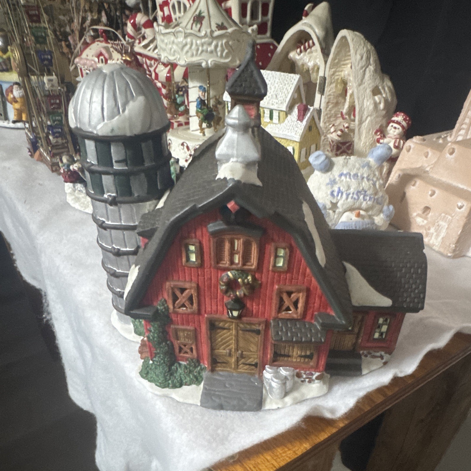 Ceramic Illuminated Christmas Village Red Barn House w/ Silo, Painted Snow