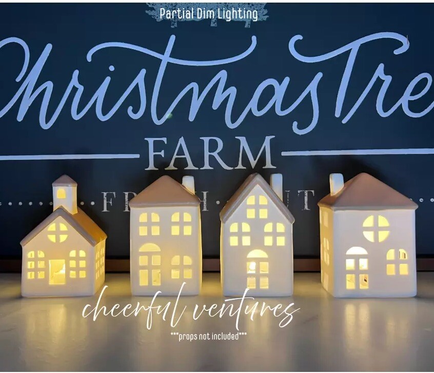 White Ceramic Brown Roof LED Christmas Village Set of 4 *Studio McGee Dupe*