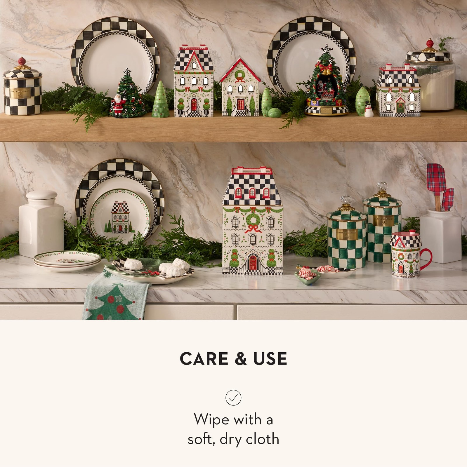 MacKenzie-Childs Illuminated Ceramic House, Holly Village, Battery-Operated