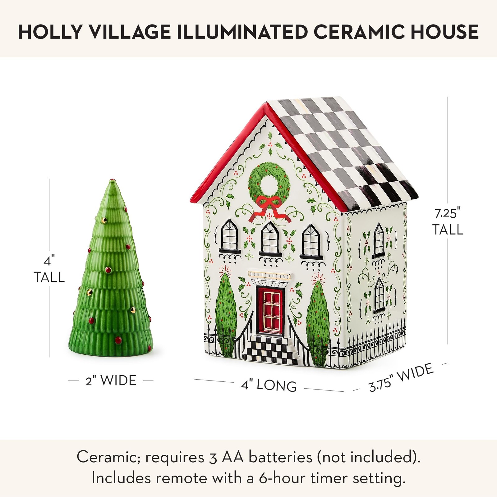 MacKenzie-Childs Illuminated Ceramic House, Holly Village, Battery-Operated