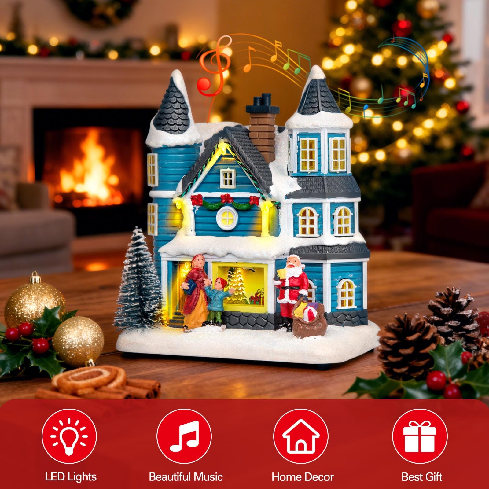 LED Lighted Musical Blue Victorian Village House – 7.4″ Christmas Collectible…