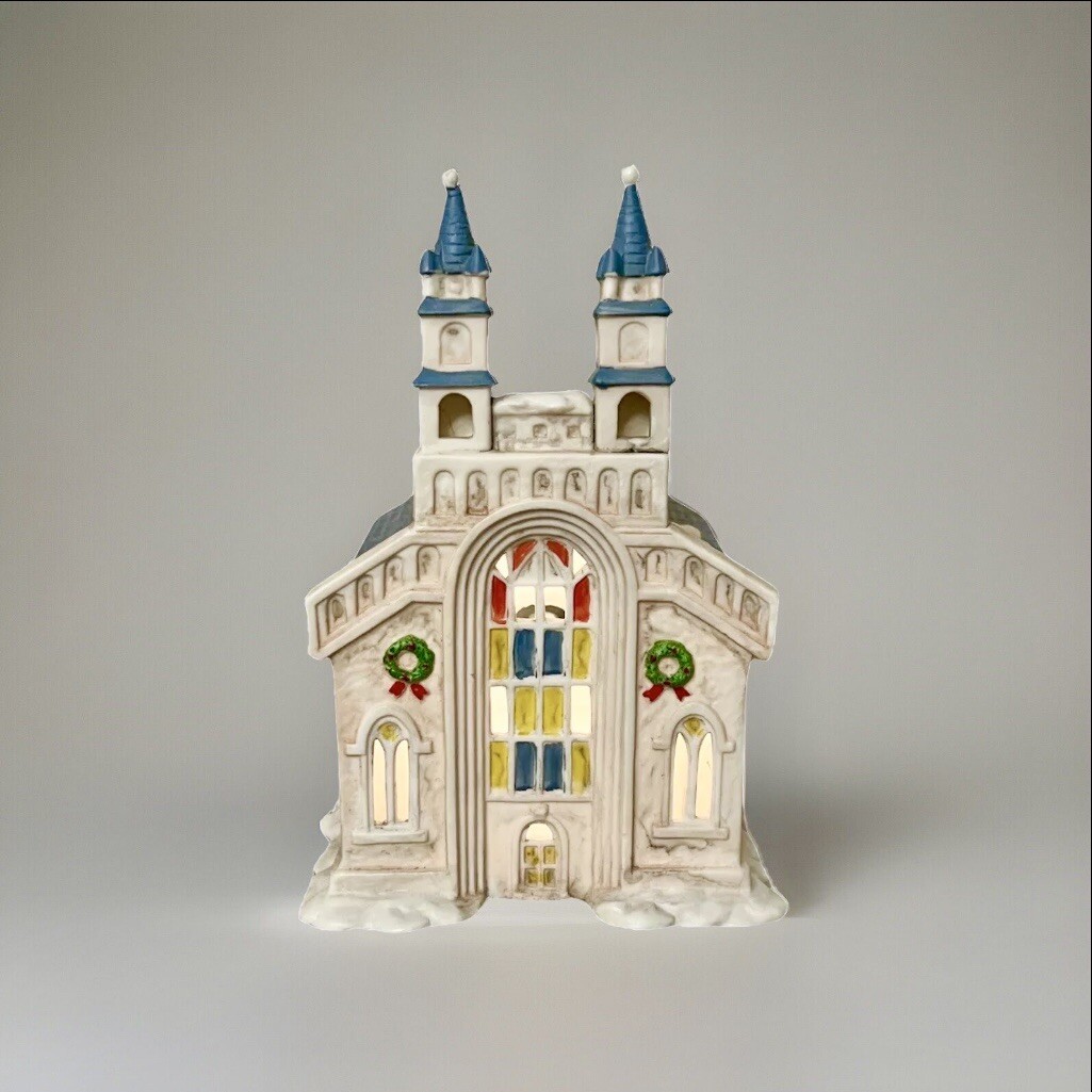 Christmas Swiss Village Light Up Gothic Church Double Spire Porcelain 1990 WORKS