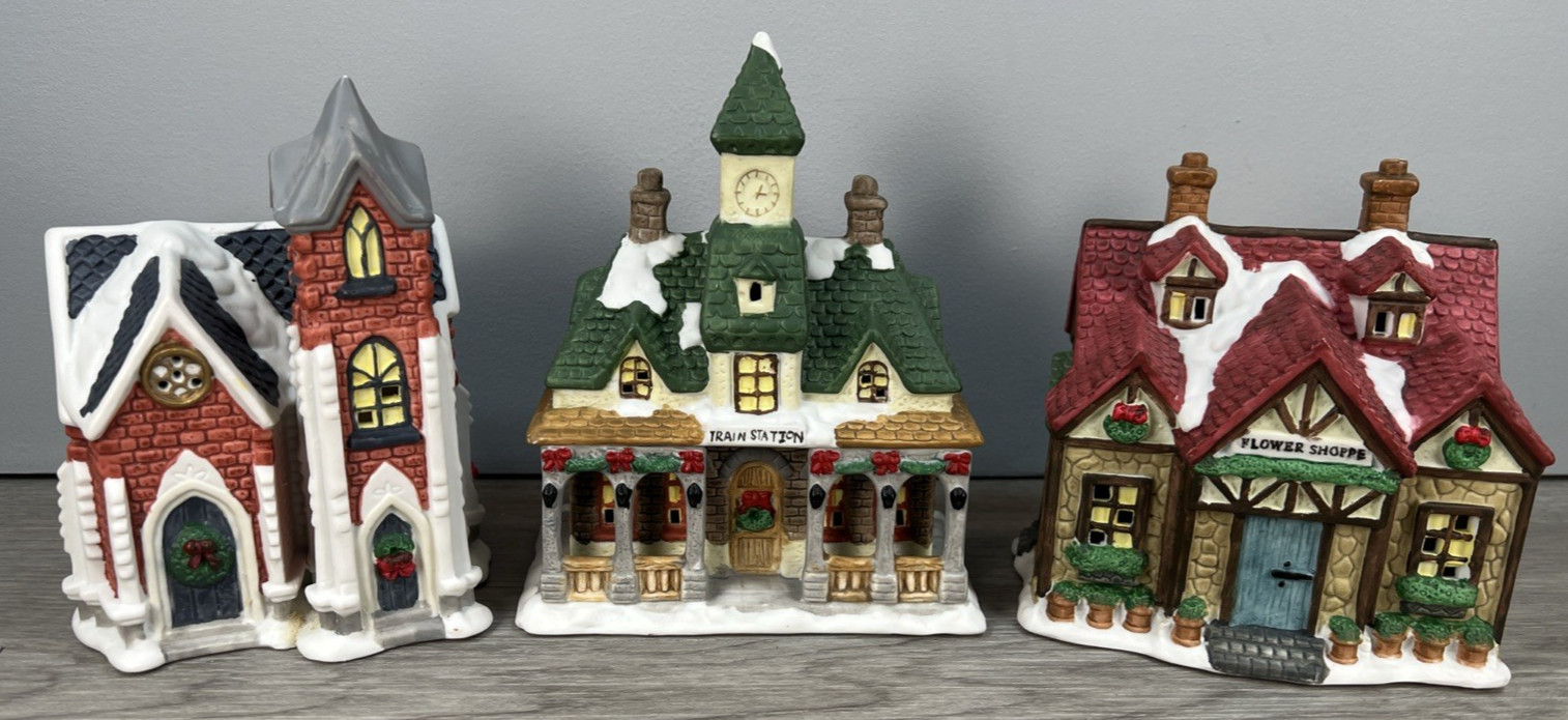 Vintage Mervyns Christmas Village Square 1997 Lighted Building – Lot of 3