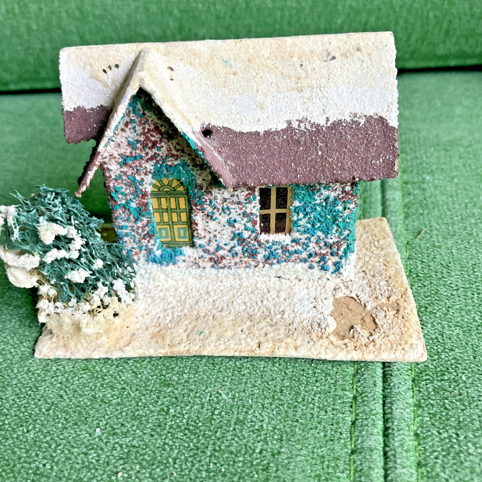5 Different VTG Christmas Putz Houses, Cardboard w Mica Glitter, Windows, Trees