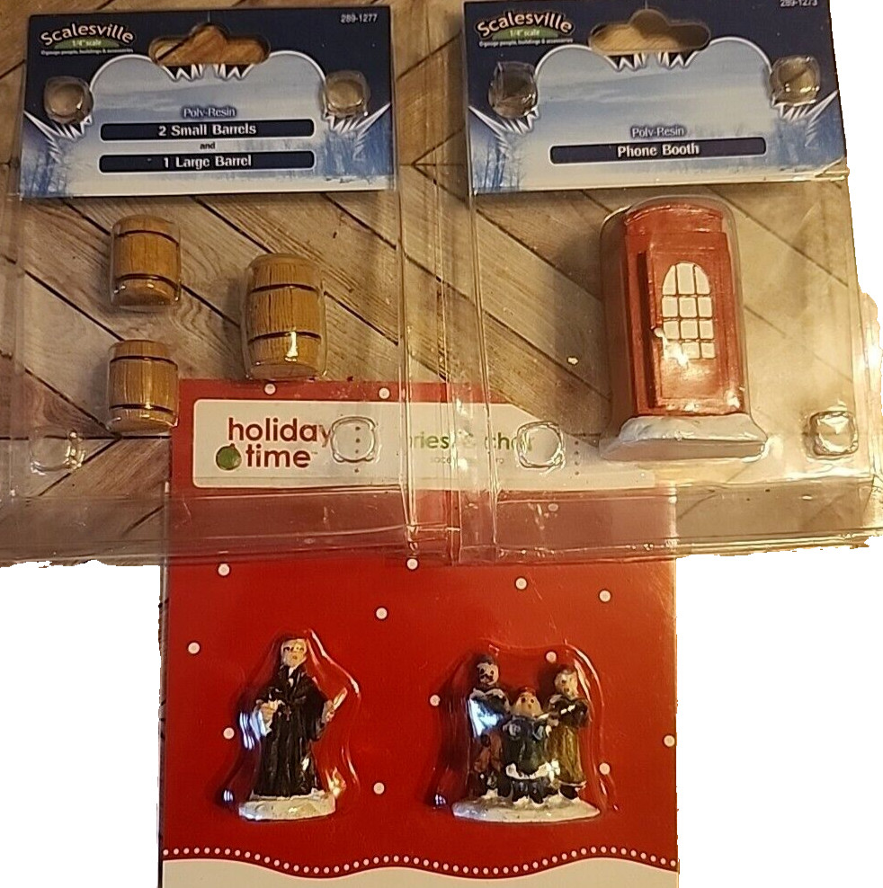 6 Christmas Village Accessories NEW SEALED Phone Booth Barrels Priest Choir Mini