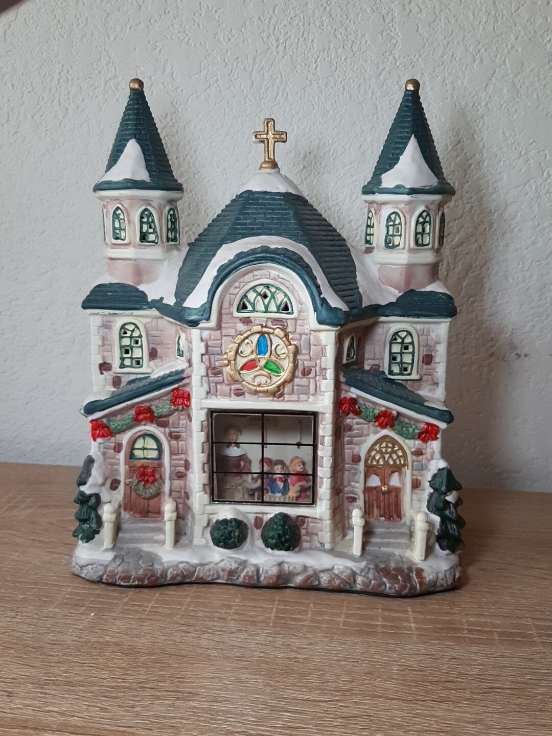 Christmas Snow Village Church 10 In. Tall In Window Children Singing.