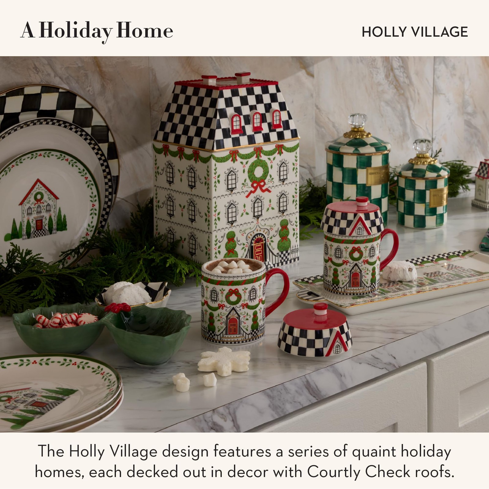 MacKenzie-Childs Illuminated Ceramic House, Holly Village, Battery-Operated