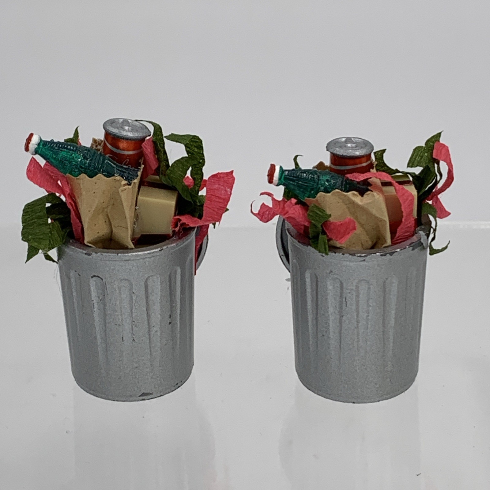 Dept 56 Snow Village Set of 2 Christmas Metal Trash Cans Hand Painted 5209-4