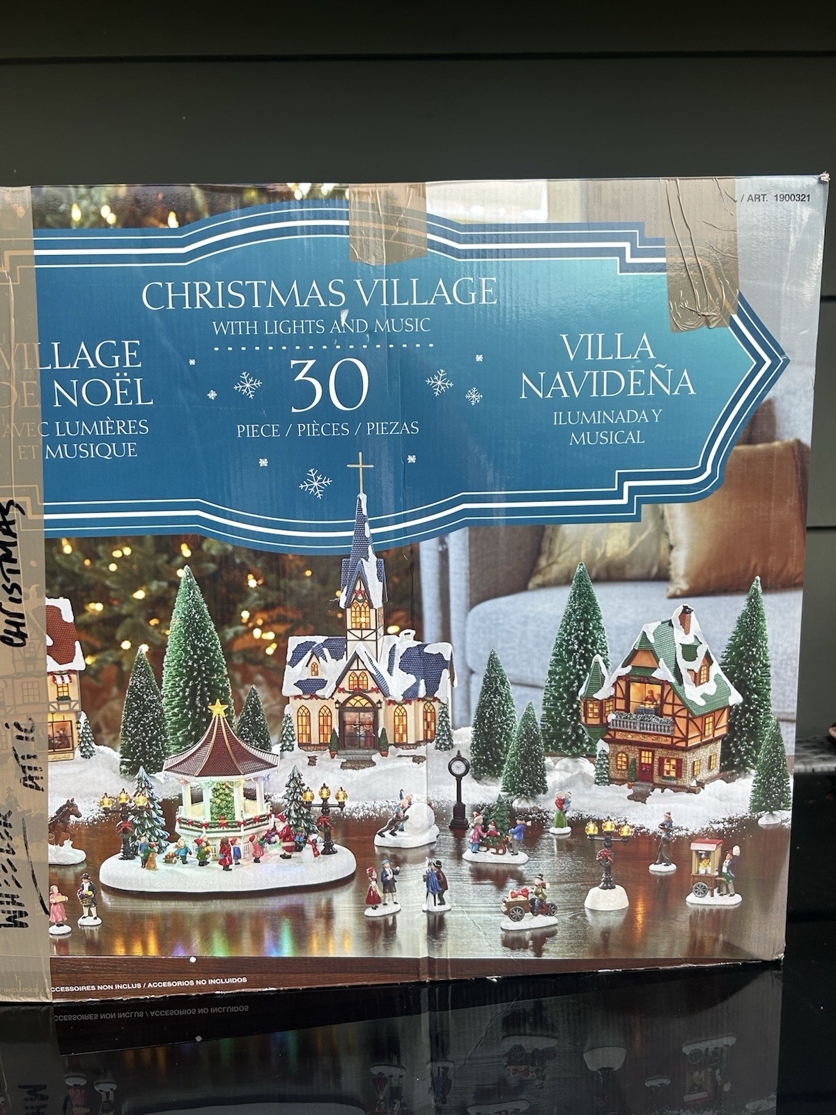 Vintage COSTCO Christmas Village 30 Pieces With Lights & Musical Gazebo & Santa