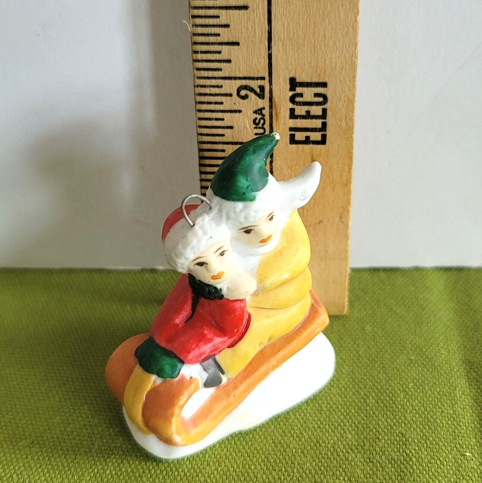 Mini Christmas Village Accessory/Ornament 2 Children Sledding Porcelain 2 1/8″T