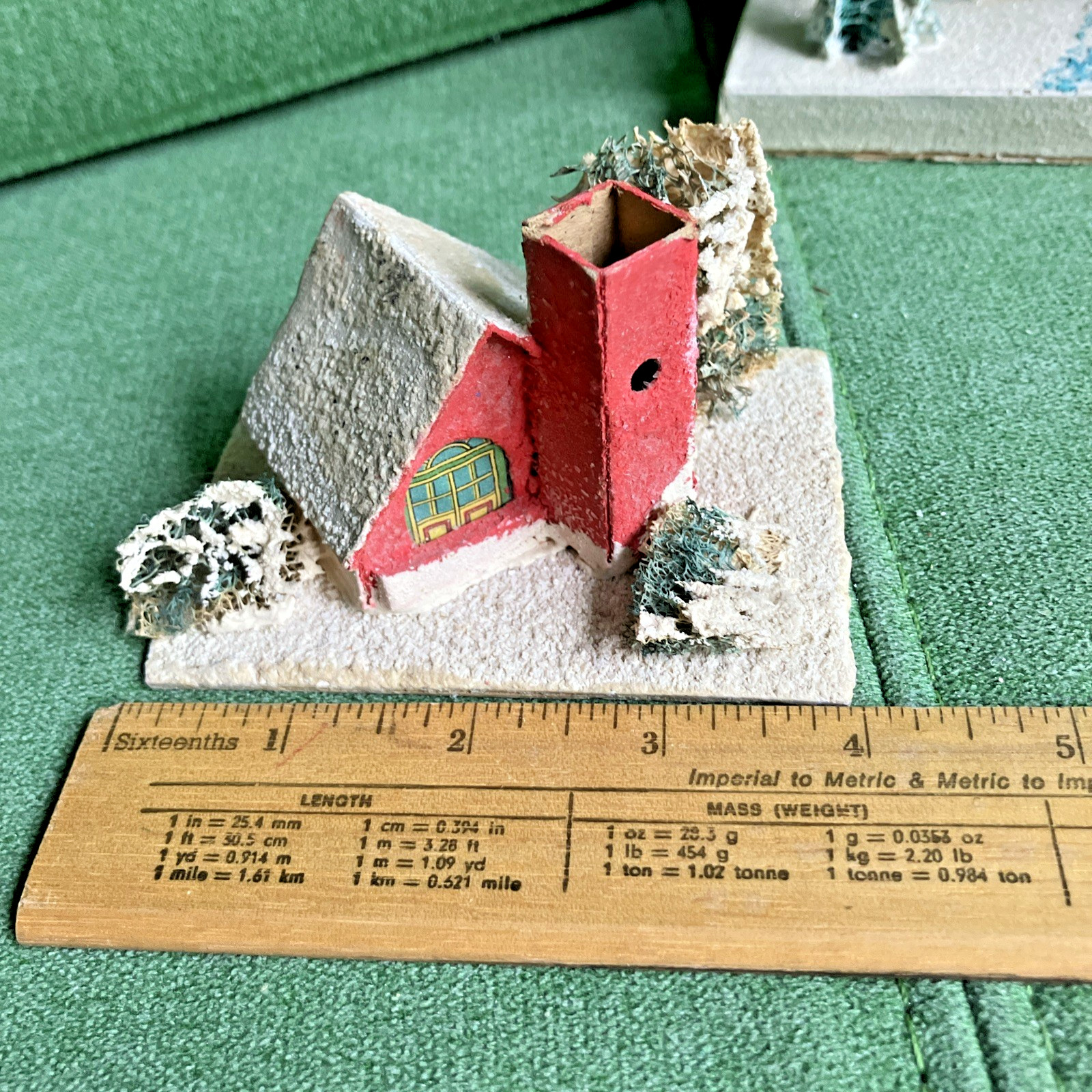 2 Sizes VTG Christmas Putz Houses, Cardboard w Mica Glitter, Windows, Trees