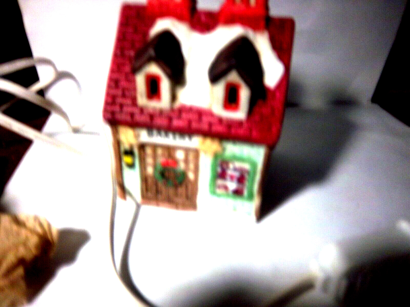 Lighted Xmas “Bakery”shop with dormers-Window displays breads,cake ,cookies-