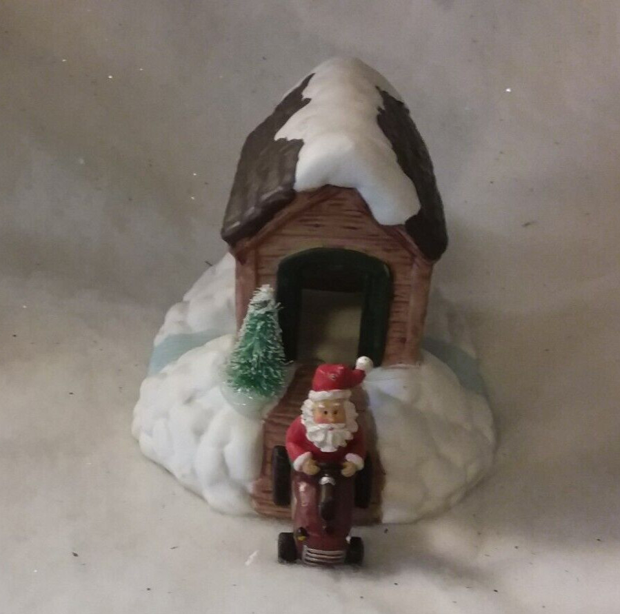 Vintage Ceramic Christmas Village Illuminated Snowy Covered Bridge & Santa-1991