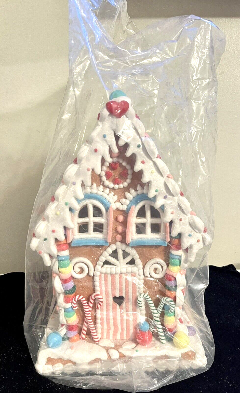 Gingerbread Claydough Lighted House 14″ W/Candy Canes Hearts Gumdrops New