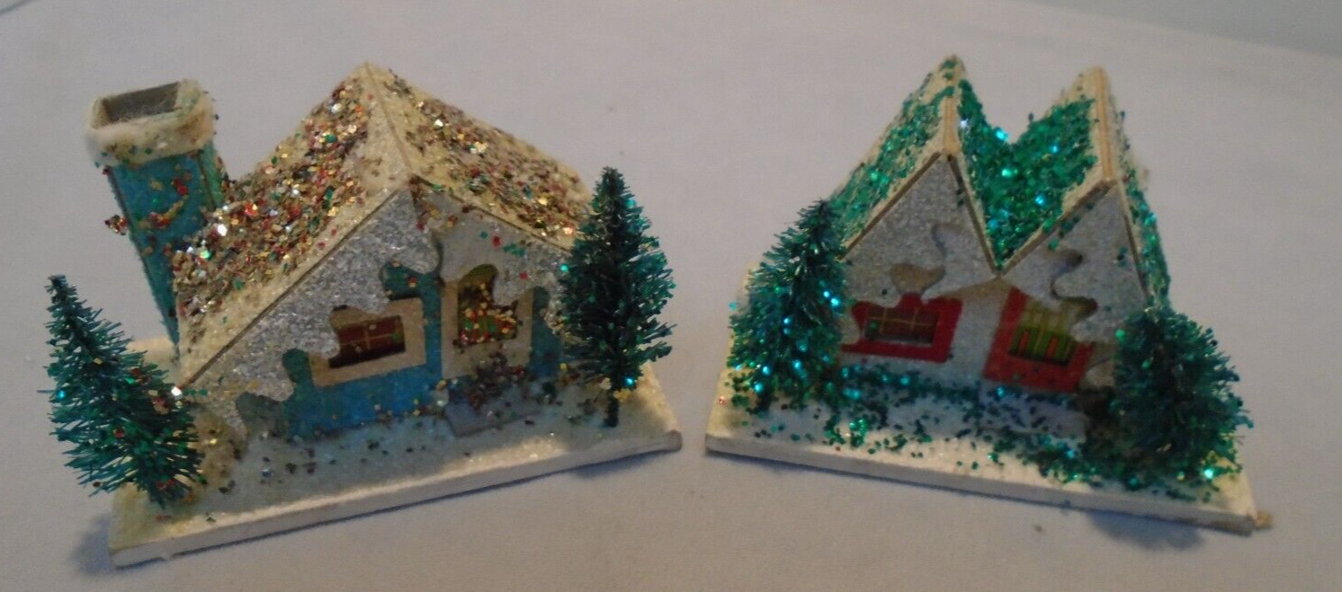 Cottages Two Glitter Cardboard Tree 2.25″ Tall, 3.75″x2″ Across VTG FREE SHIP