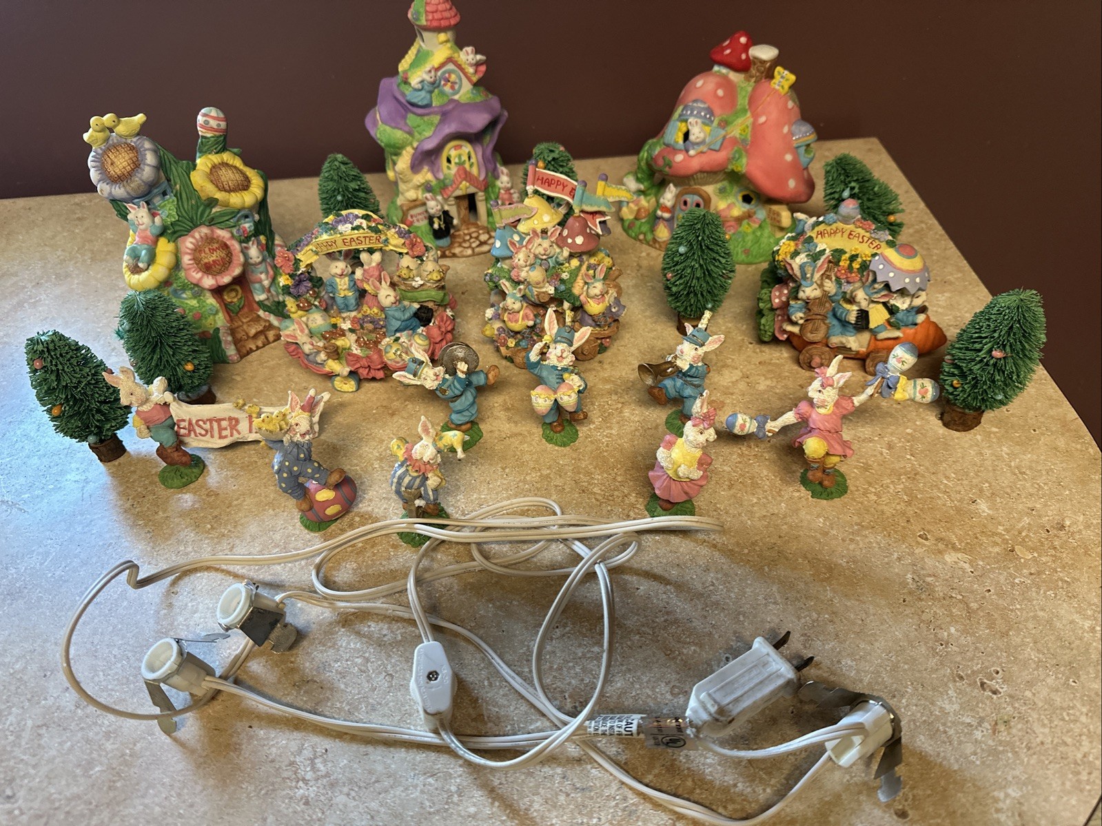 21 Piece Easter Village – Buildings, figures, trees. Preowned