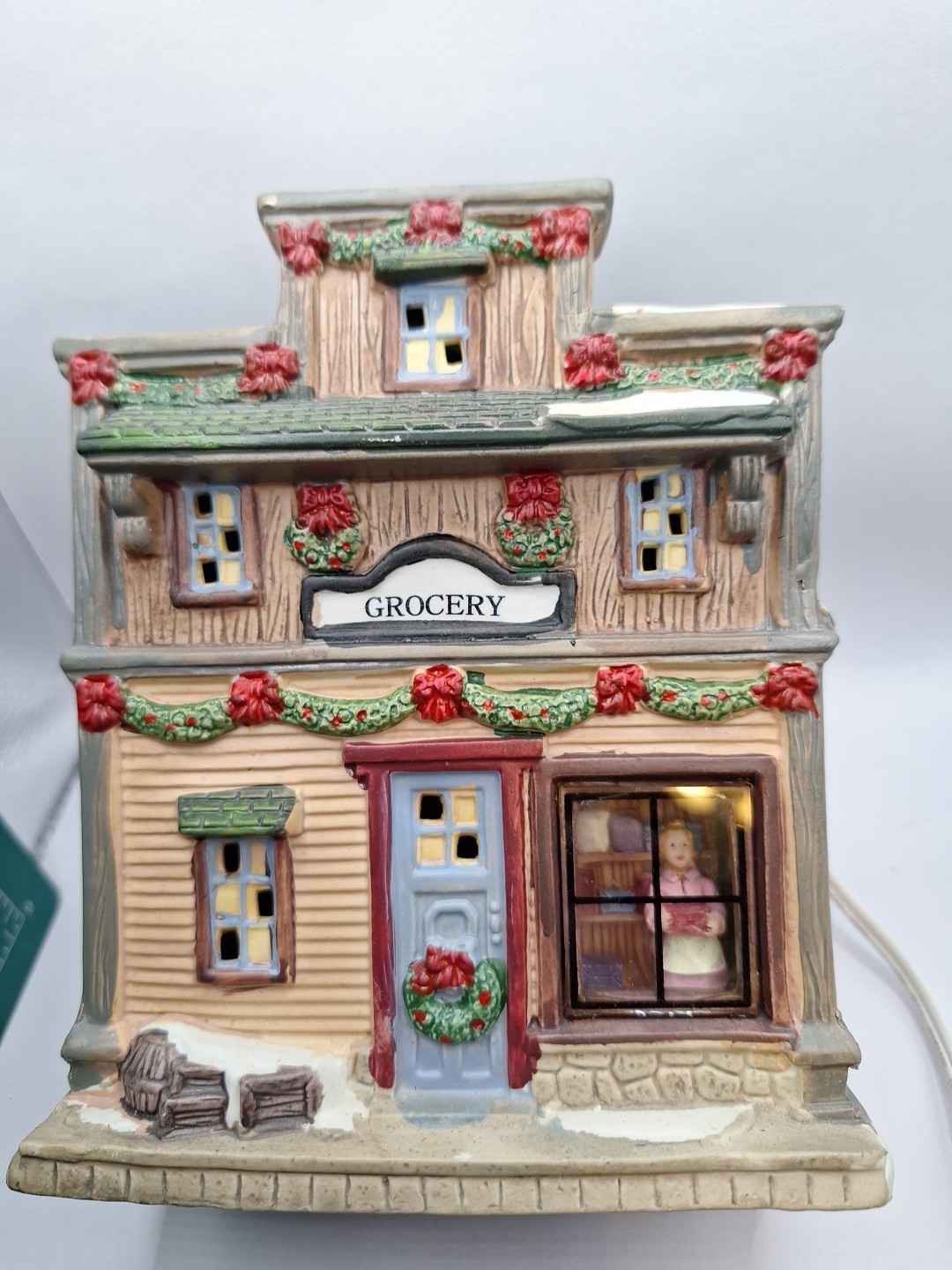 Lighted Ceramic Grocery Store With Diorama Display, Harborside Village? Dept 56?