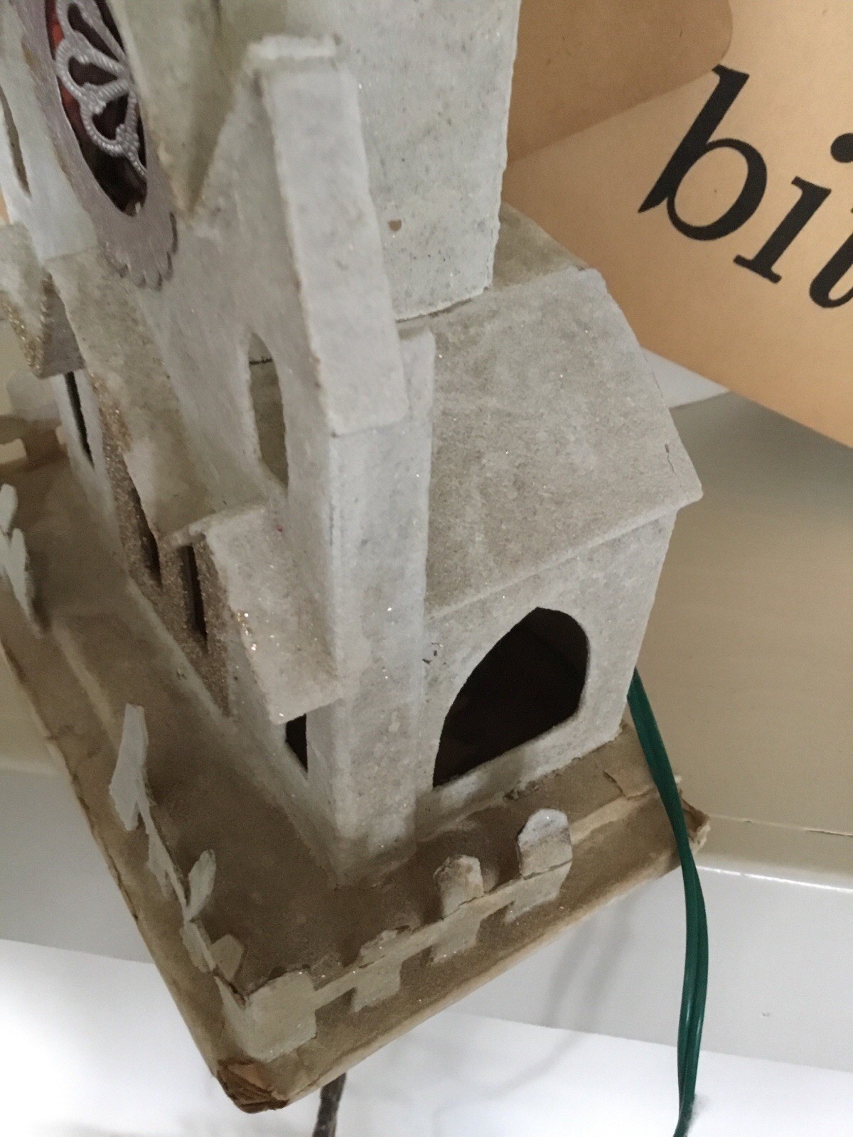 Vintage Christmas Putz Cardboard Light Up Church With Steeple 11” Tall AS IS