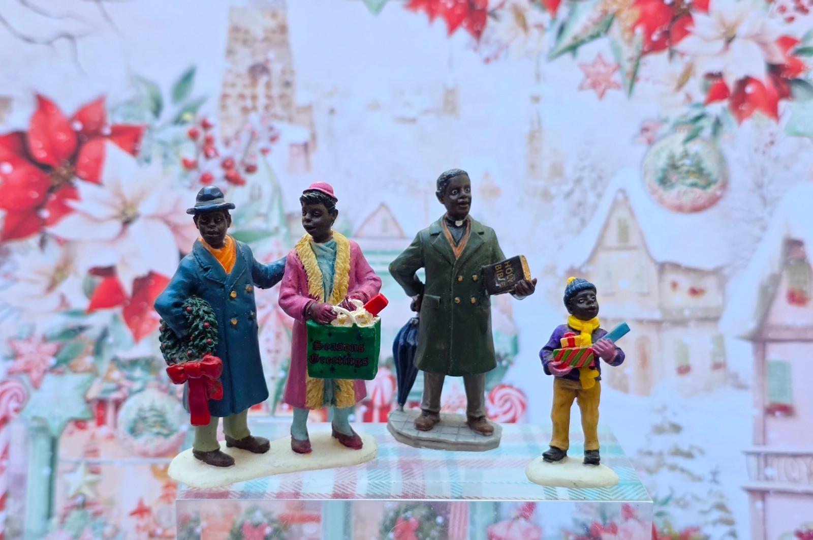 3 PIECE AFRICAN AMERICAN CHRISTMAS VILLAGE PEOPLE FIGURINES BOY PASTOR COUPLE