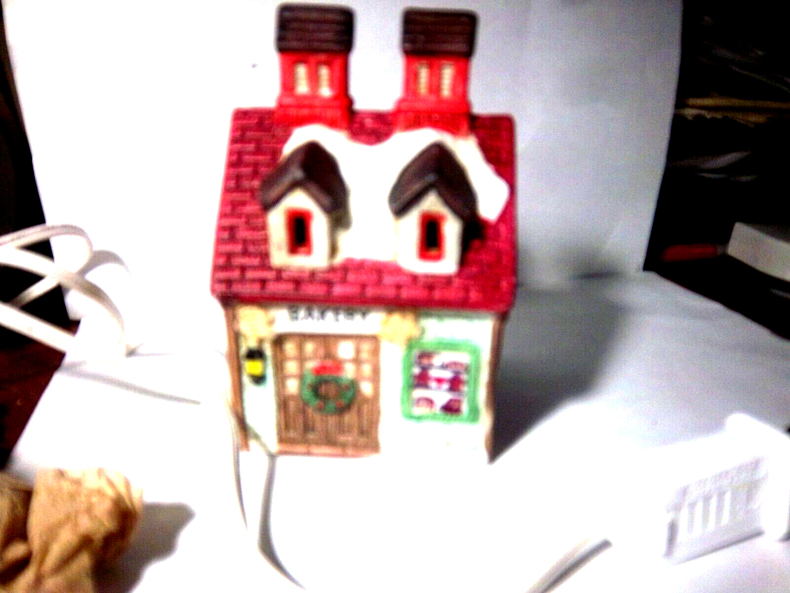 Lighted Xmas “Bakery”shop with dormers-Window displays breads,cake ,cookies-