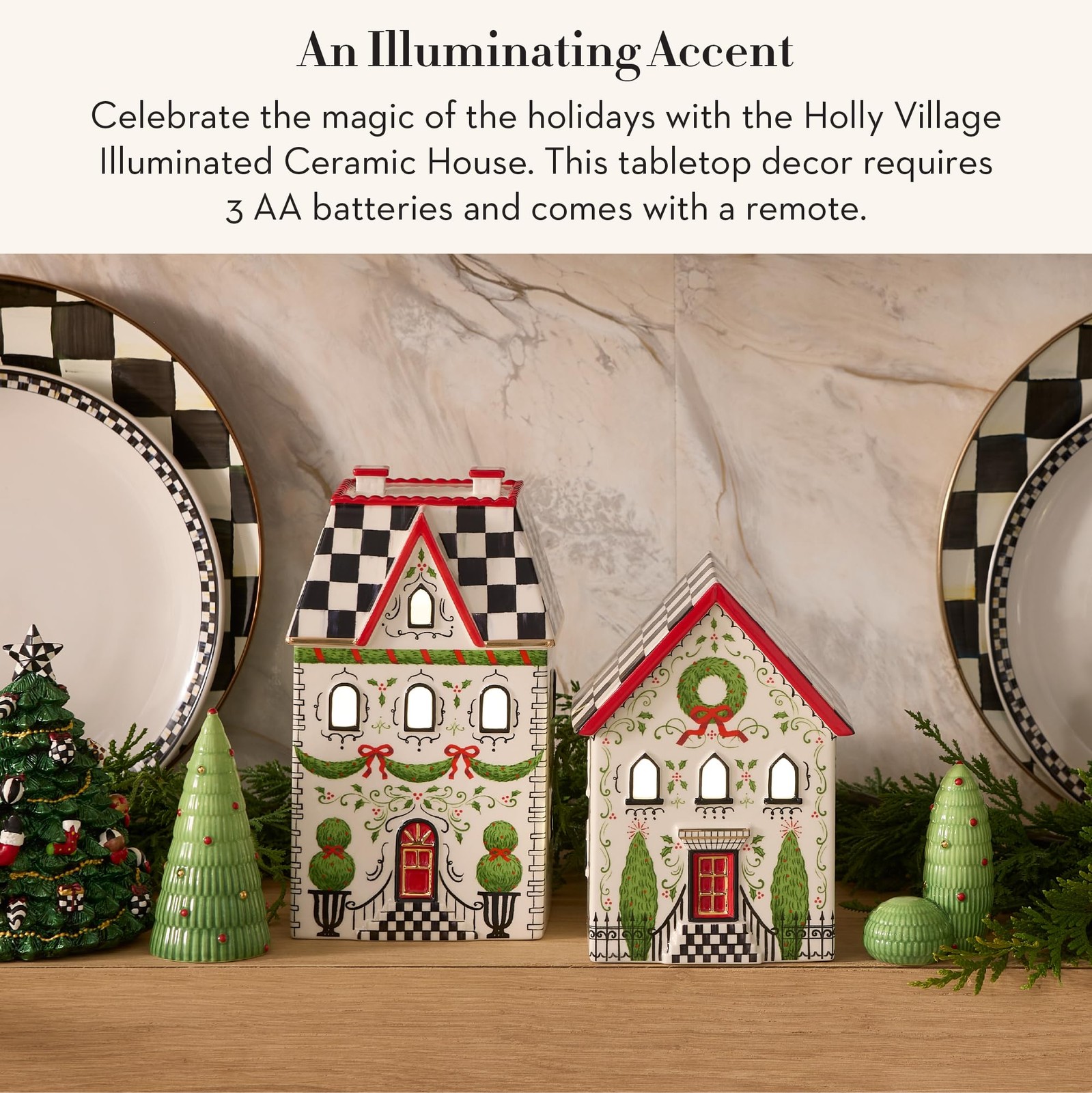 MacKenzie-Childs Illuminated Ceramic House, Holly Village, Battery-Operated
