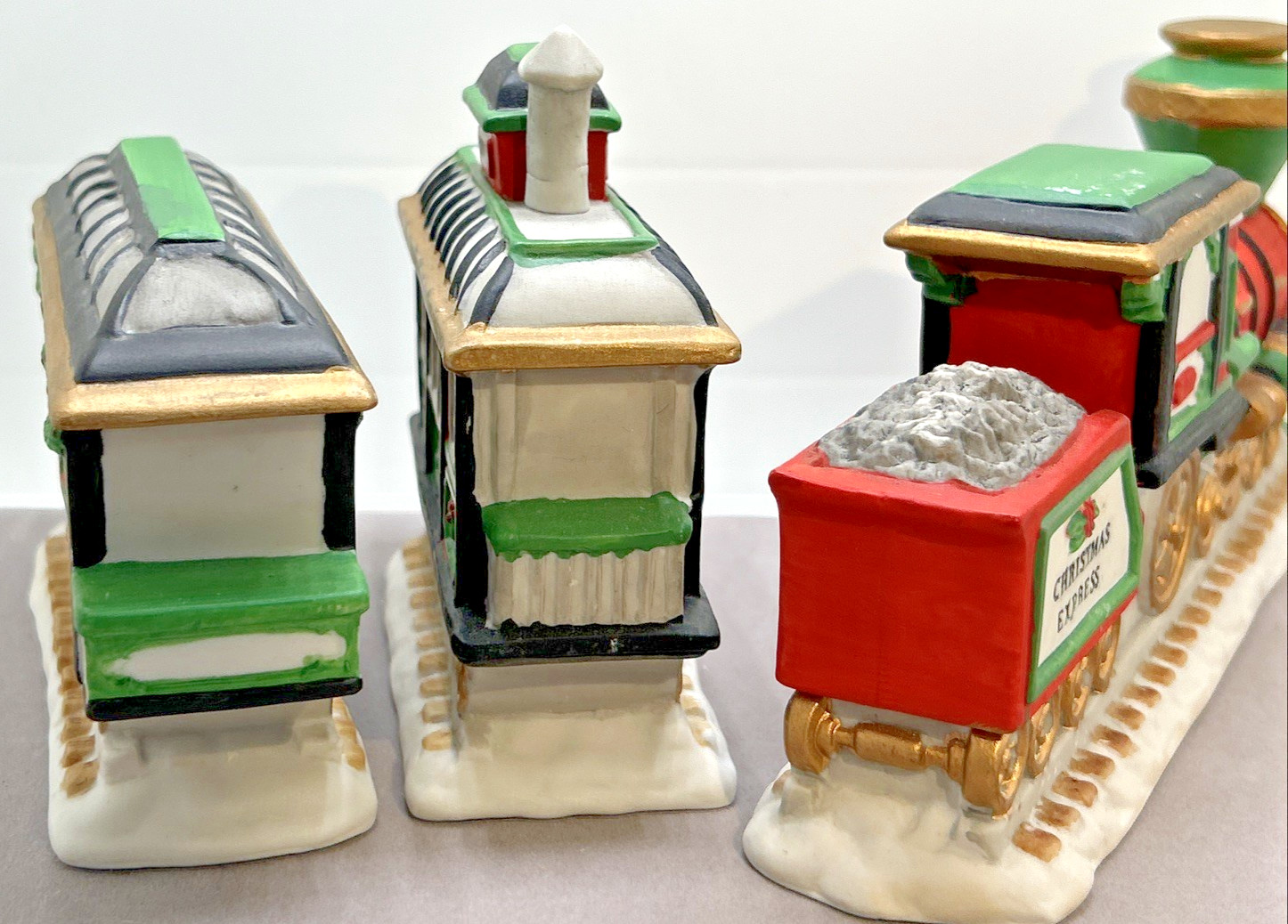 3 pc Holiday Christmas Express Train Car Village Porcelain Ceramic Caboose