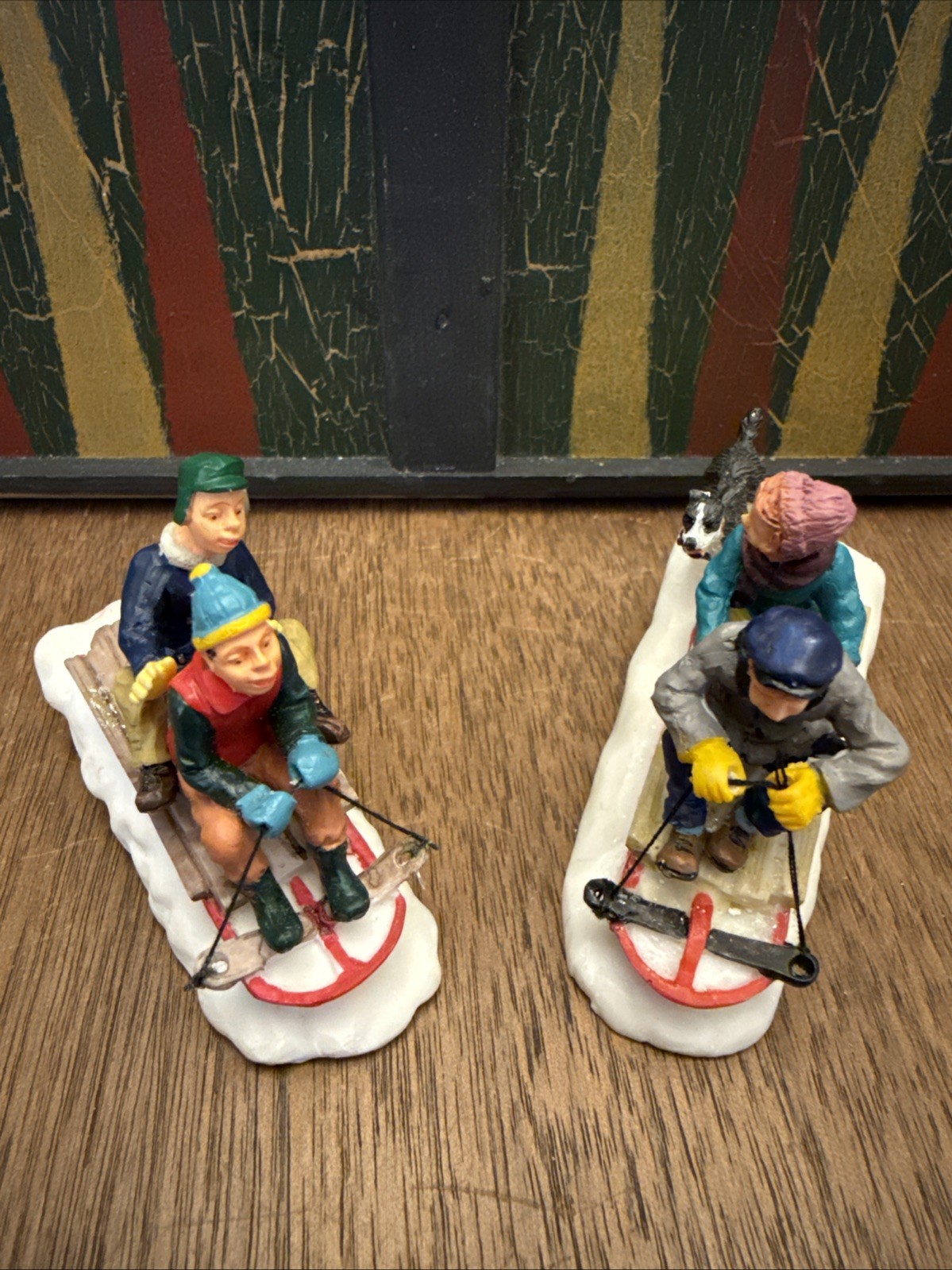 Lemax Christmas Village Figures Sleds Sledding Ice Skaters Skating Lot of 2 Vtg