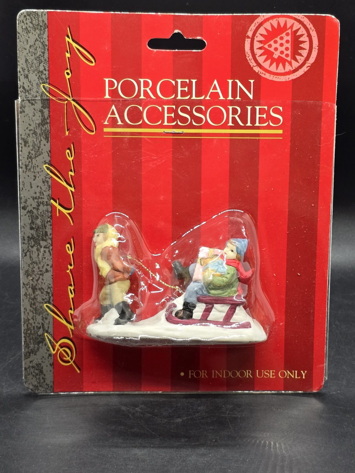 Vtg Caldor Share the Joy Village Accessorie Lady Pulling Boy On Sled With Gifts