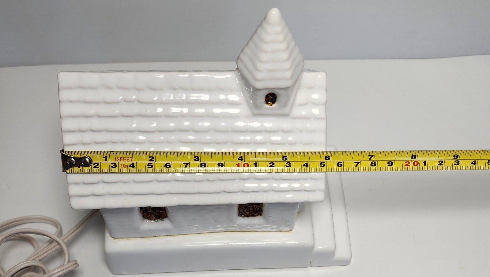 Vtg Lighted White Glossy Ceramic Church Stained Glass Look w/Steeple Grannycore