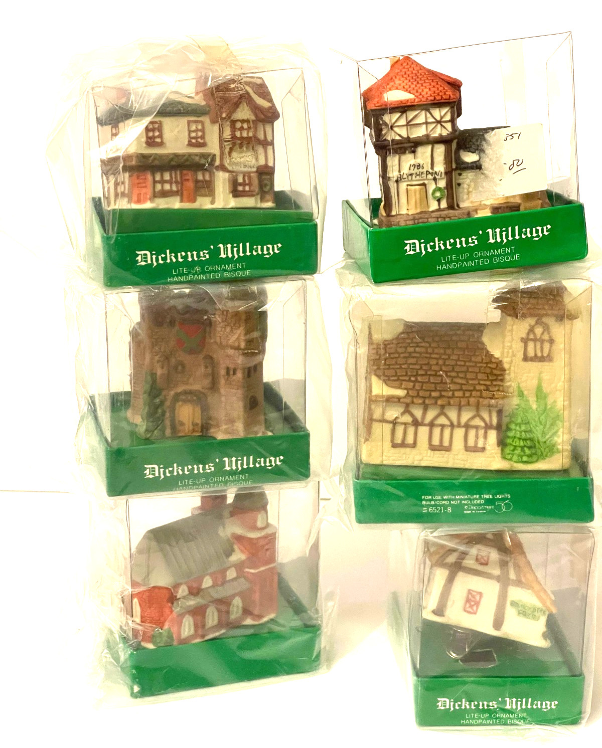 DEPT 56 SET OF 6 DICKENS VILLAGE CANDLE HOUSES LIGHT UP CLIP ORNAMENT. SET OF 6