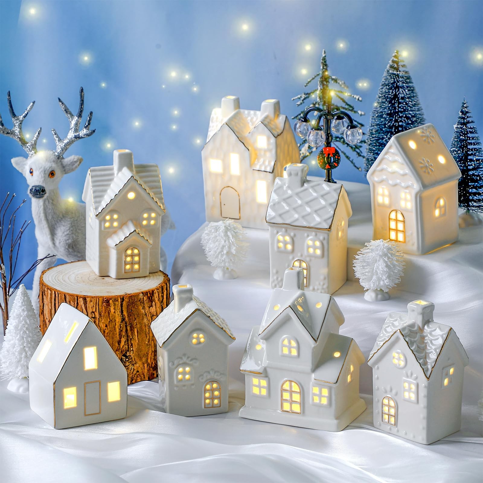 28 Pcs Ceramic LED White Christmas Village Set Include 8 LED White Christmas …