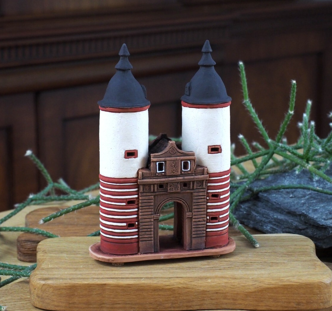 Ceramic Miniature House Bridge Gate Heidelberg H16 cm Midene Handmade