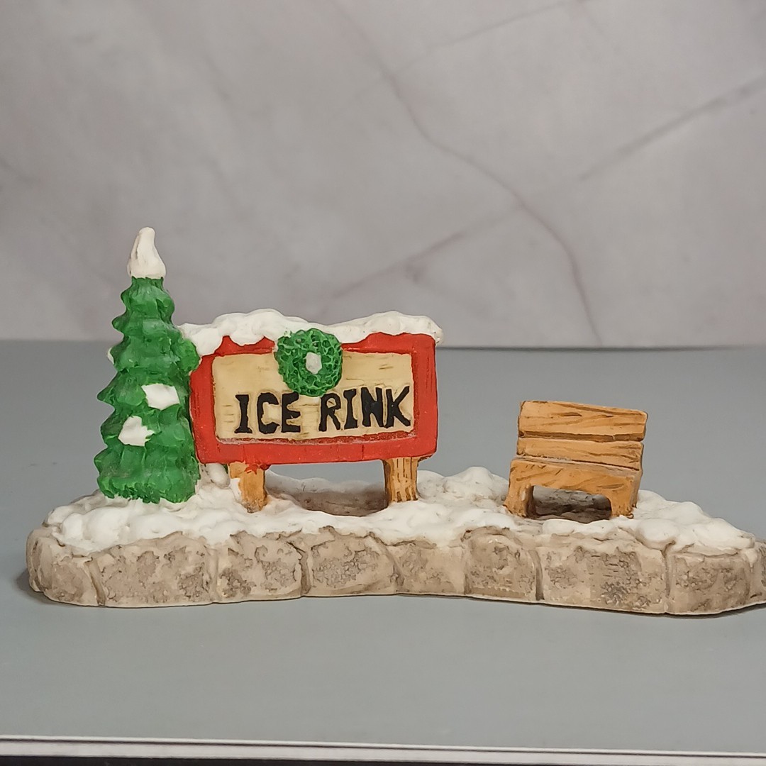 Mercuries Snow Covered Ice Rink Sign Bench Tree Figurine Christmas Village 1995