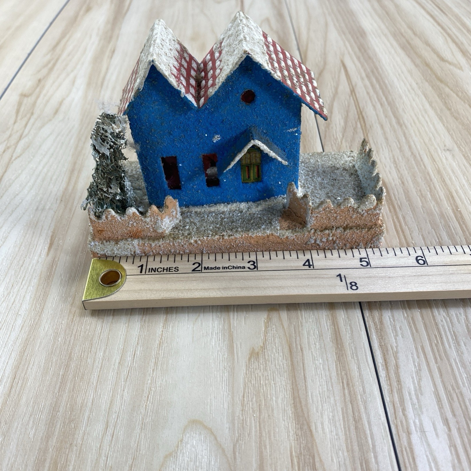 Vintage Putz Christmas Village Blue House Japan Coconut Mica Glitter Fence