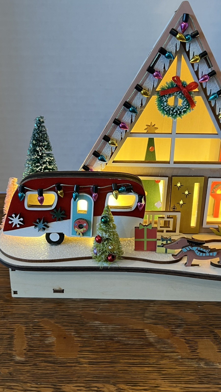 World Market 2024 MCM Lighted Wood Cut A-Frame Christmas Holiday House. RV. Dog