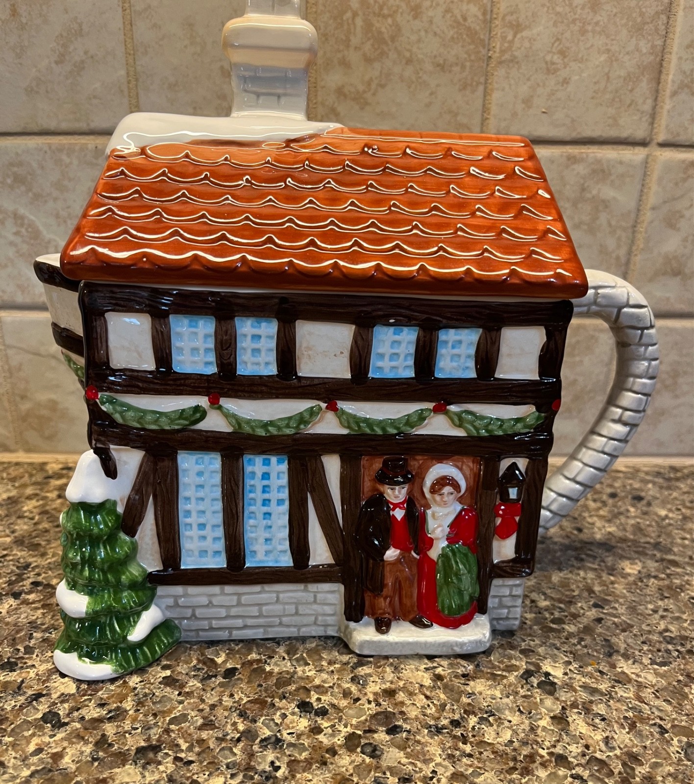 Dickens Village vintage Applause Christmas ceramic china house teapot with lid.