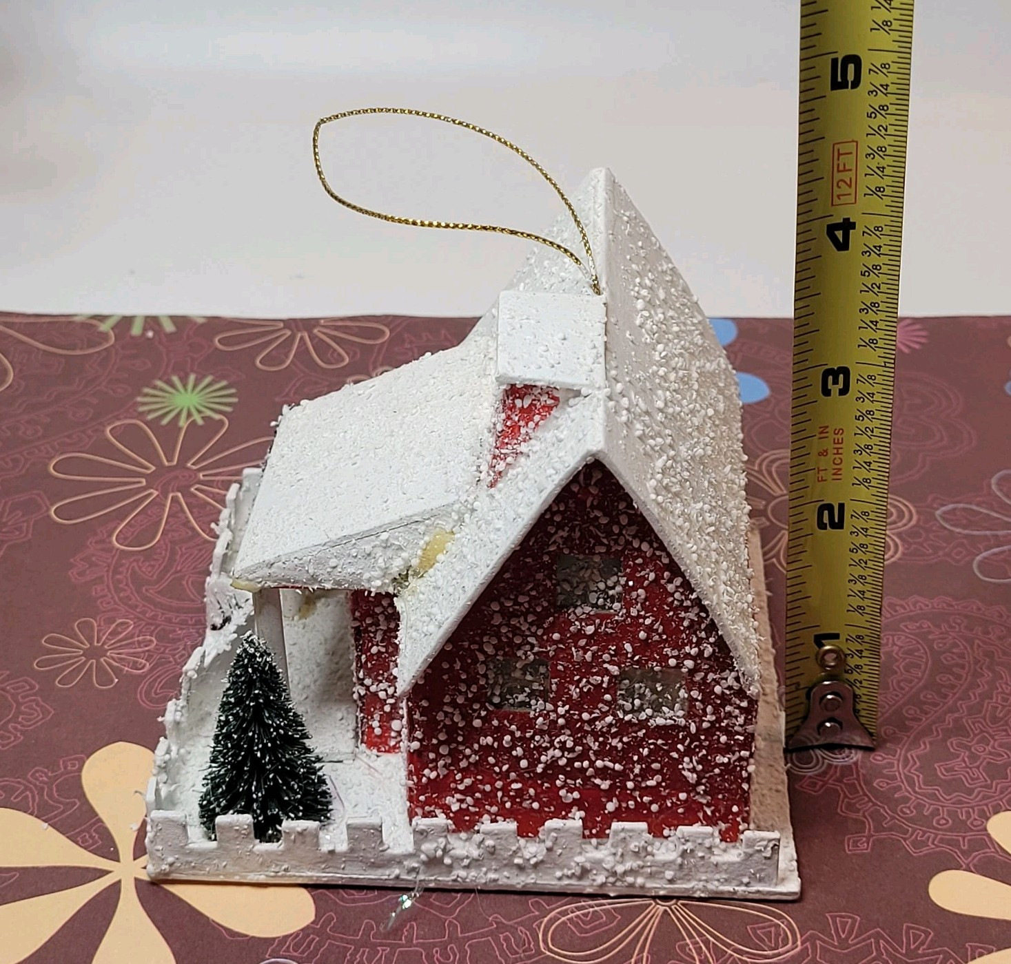 Vtg Inspired Putz House Red W/White Roof Snow Trees Fence Glitter Light Hole