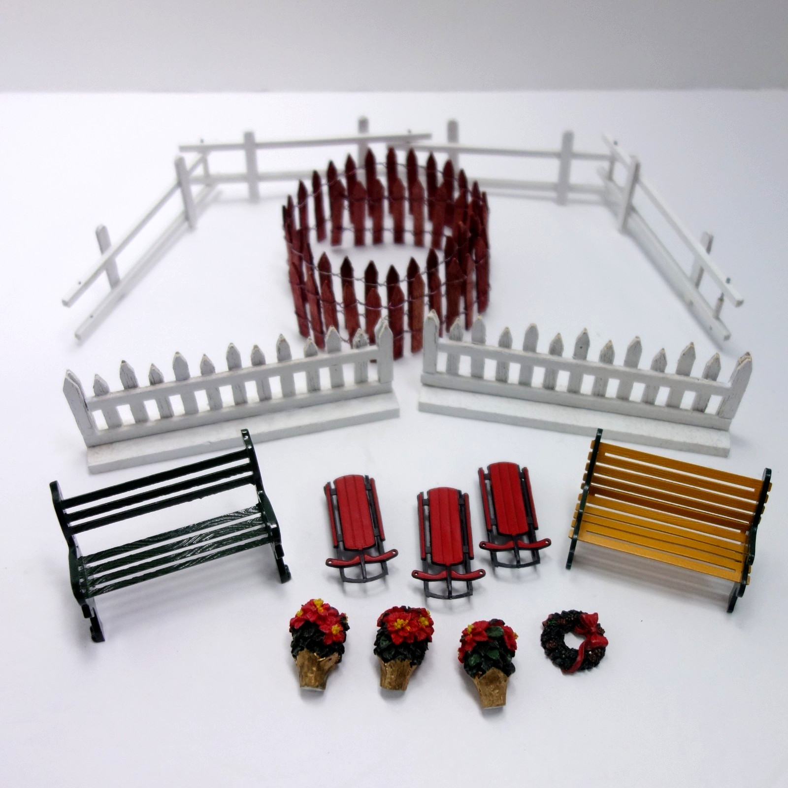 LEMAX Village Wooden Fencing Bench Sled Flowers Accessory Lot