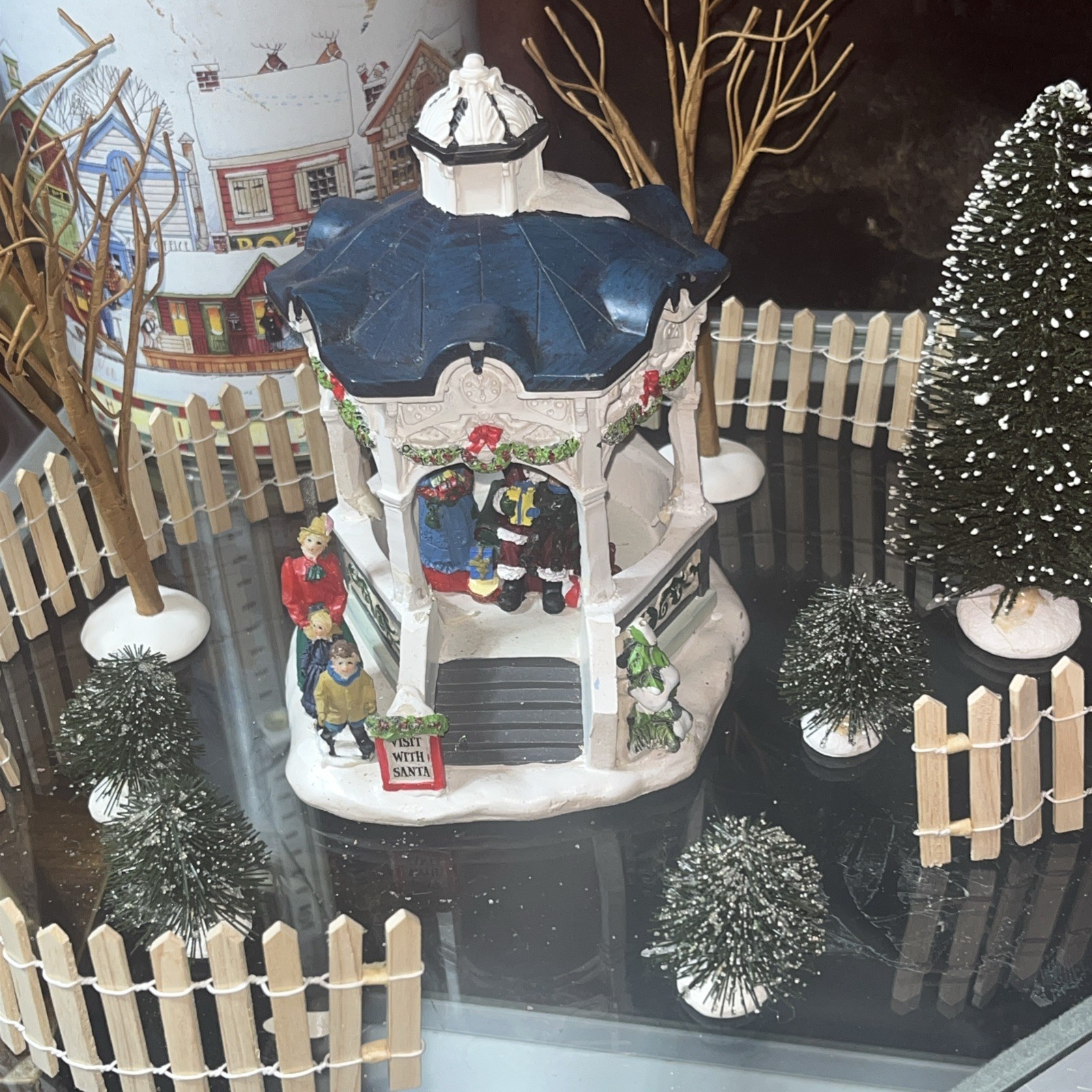 HOLIDAY TIME SANTA’S GAZEBO “ Visit With Santa” Picket Fence, Christmas Trees