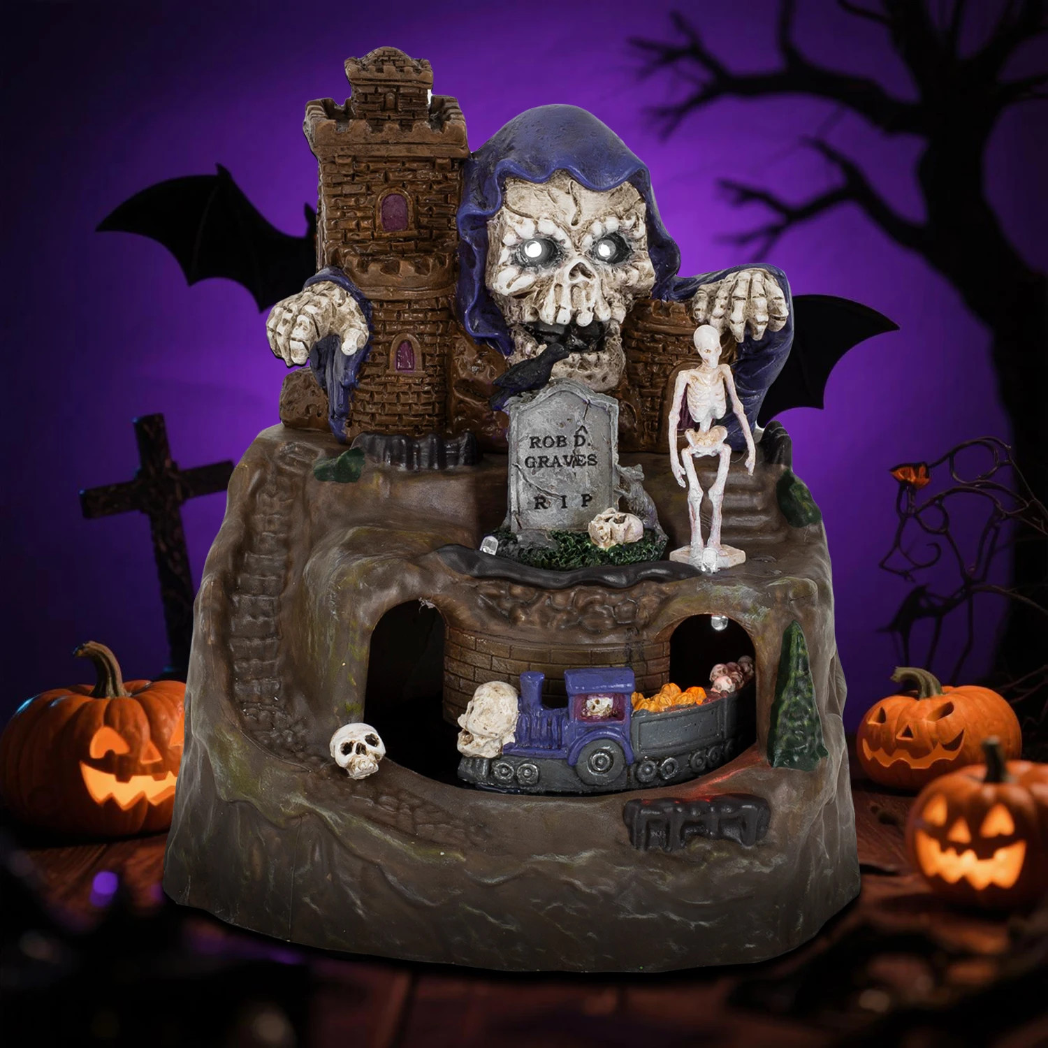 Animated Halloween Village House Decor with Moving Train Pre-Lit Music Skull Gho